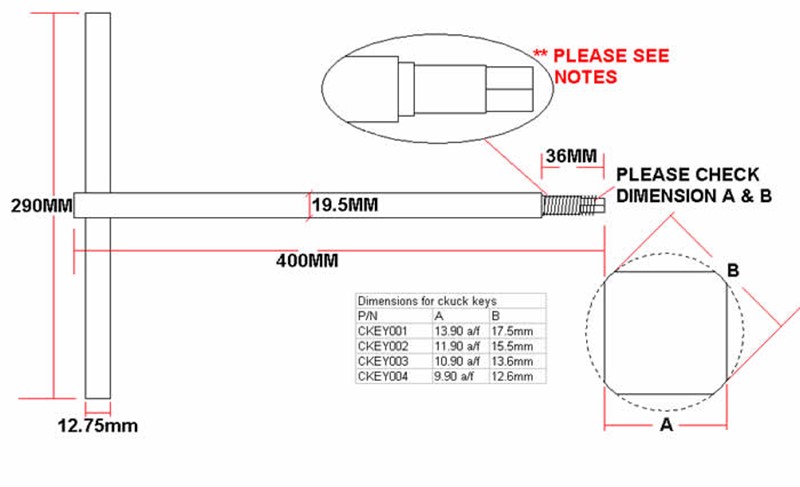 Extended Chuck Key 10.90 A/F For 160 / 200Mm Chuck VL / SLX / RLX 355 ...