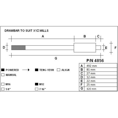 Drawbar, Teng Yueh ISO30, M12 620mm long to suit SMX 2500